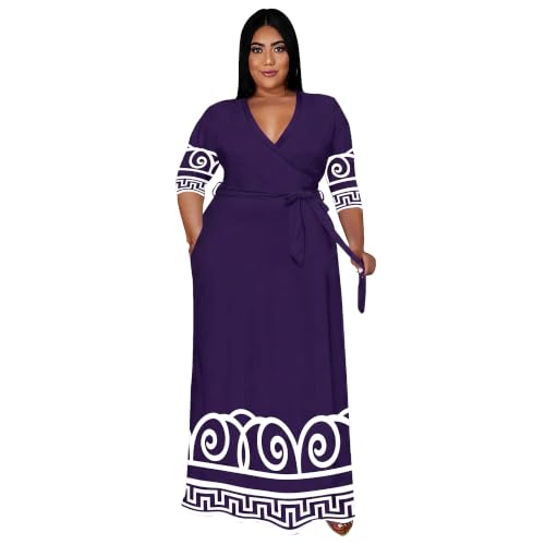 Image of Nmoder Plus Size Maxi Dress for Women - Summer Casual 3 /4 Sleeve Floral Flowy Long Dress with Belt XL- 6XL