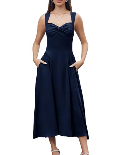 Image of Women's Wedding Guest Dress Corset Sleeveless Semi Formal Bridesmaid Flowy Midi Dresses with Pockets