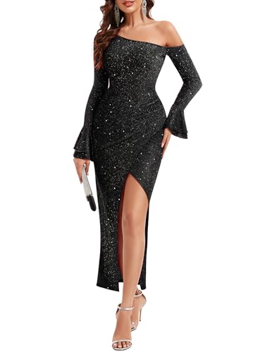 Wedtrend Black Formal Dresses for Women Long Evening Gowns Sparkly Cocktail Dress Ladies Party Sequin Dresses One Shoulder Maxi Dress with Sleeves WTS6016BlackXL