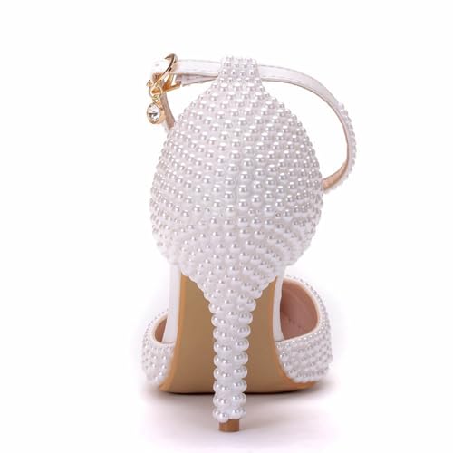 Women's High Heels, 9cm White Pearls Pumps Bridal Bridesmaid Wedding Dress Comfortable Shallow Mouth Thin Heels Banquet Sandals, 38 EU,White4