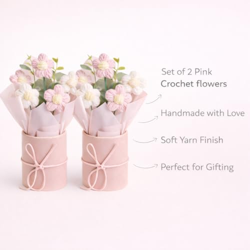 Image of Set of 2 Pink Crochet Flower Bouquet - Handmade Mini Knitted Daisy Flowers| Artificial Forever Flowers for Home Decor, Desk Decor, Birthday