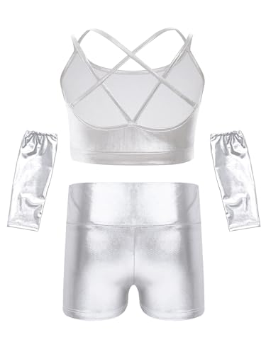 YiZYiF Girls Shiny Metallic Dancewear Set Sparkle Crop Top Shorts Gloves Set Jazz Dance Ballet Gymnastics Tracksuit2