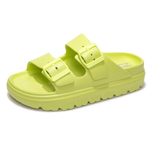 FUNKYMONKEY Womens Platform Sandals with Arch Support Non-Slip Lightweight Chunky Comfort Slides with Adjustable Buckle Waterproof Beach & Pool Shoes(6 M US Lemon Green/HDSPK)