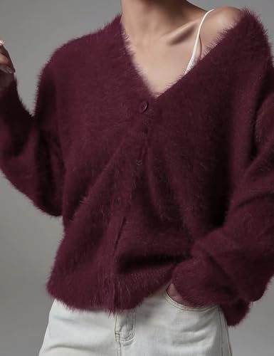 Image of COZYPOIN Womens Fuzzy Cardigan Sweater V Neck Button Down Soft Knit Coat | Loose, Comfy, Slouchy Drop Shoulder, Long Sleeve Fluffy Mohair, Warm, For Daily Work Holiday, Spring Fall Winter Fashion