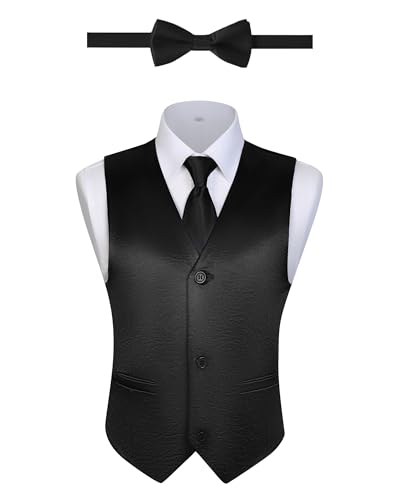 Boys Satin Vest Shiny Kids Dress Vests and Tie Set Wedding Prom Ring Bearer Outfit 3 Piece Boy Waistcoat