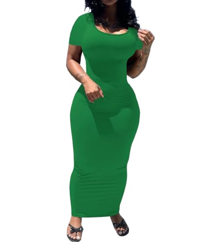 PINSV Women's Casual Bodycon Maxi Dress Summer Scoop Neck Short Sleeve Long Fitted Dresses Club Party Green A XL