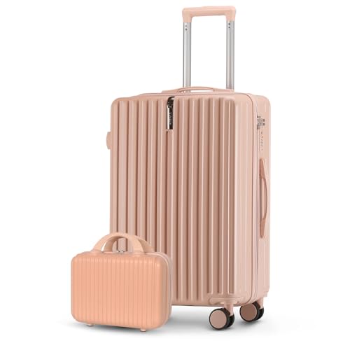 2-piece Luggage Sets 20in Carry on Suitcase and 14in Cosmetic Bag, airline approved luggage sets,Hardside Luggage with Spinner Wheels TSA Lock (Pink)