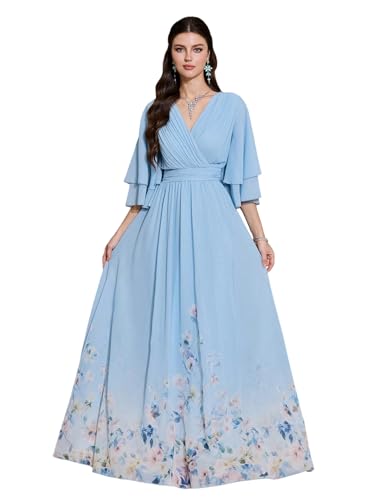 Image of TOLEEN Summer Casual Dresses for Women 2024 Spring Fashion Boho V Neck Long Sleeve Ruffle Floral Print Elegant Maxi Dress