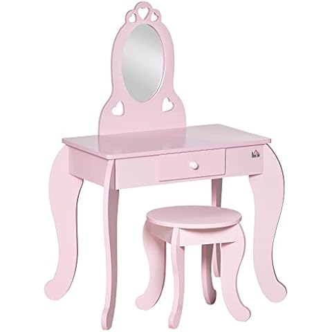 HOMCOM Tocador Infantil con Taburete y Espejo Tipo Princesa Rosa Cover