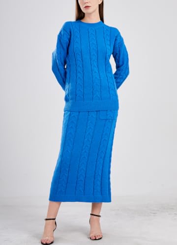 Image of chouyatou Women Winter Casual Chunky Cable Knit Long Pencil Skirt 2 Piece Outfit Oversized Pullover Sweater Sets