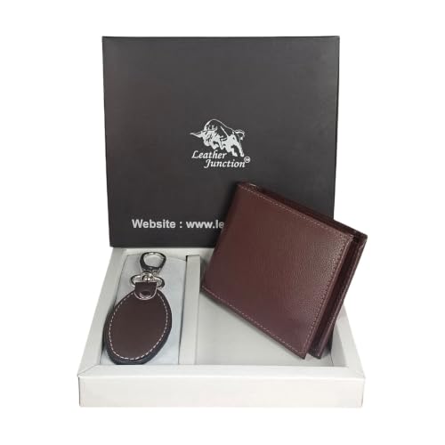 Image of Premium Brown Artificial Leather Men's Wallet & Keyring Gift Box Set.Classic Brown Artificial Leather Bi-Fold Wallet & Keychain Gift Set Coin Pouch with Hidden Pockets, Credit Card Slots