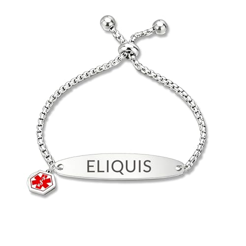 TOWAMOE Medical Alert Bracelet for Women Pre-engraved Emergency Id Bracelet With Medical Tag Symbol Slide Chain (ELIQUIS)