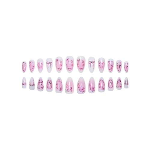 Image of Pink Ombre Press on Nails Heart Fake Nails Short Almond False Nail with Pearl Design Bowknot Glue on Nails Glossy Acrylic Full Cover Flower Stick on Nail for Women Valentine's Day Manicure