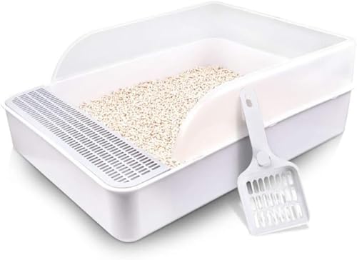 Runsweat猫用トイレ、オープン、ハーフカバー、シャベル付き、大型猫用トイレに最適、スプラッシュガード付き (L 51.5*38.5*21cm,ホワイト)