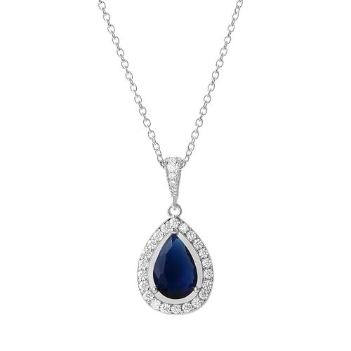 Mariell Dark Midnight Blue Sapphire Cubic Zirconia Crystal Bridal Necklace, Teardrop Pendant, Prom, Wedding, Something Blue Jewelry Gift for Women
