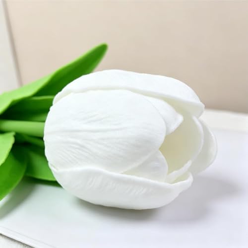 Image of 20Pcs Stems 13.5 Inch White PU Artificial Moisturizing Tulips, Faux White Tulips Flowers for Thanksgiving Christmas Decorations Wedding Home Table Vase Floral Arrangements