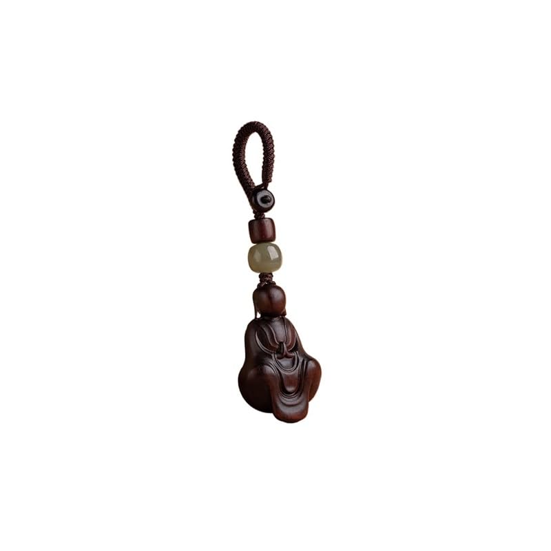 Porte-clés voiture pour hommes en bois de santal rouge et pendentif Bouddha sculpté