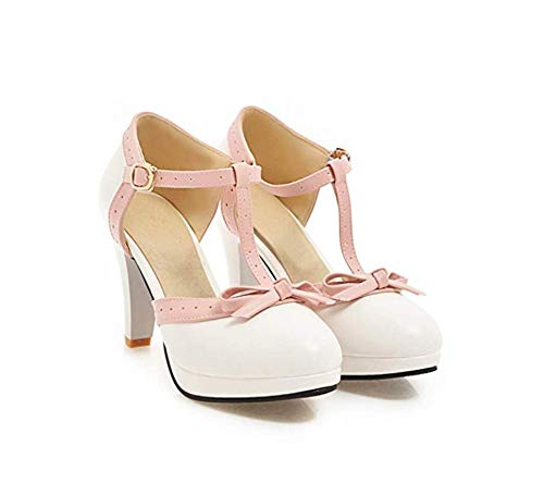 JITUUE Women's Chic Sweet Round Toe T-Strap Bows Adorable Buckle Lolita Cone Mary Janes Dress High Heel Pumps Shoes3