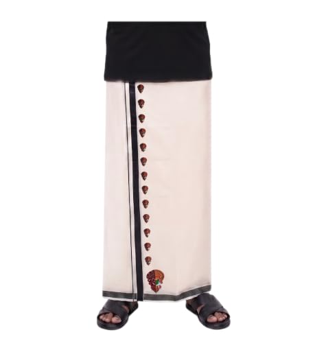 Image of Mens Print along with Border 100% Cotton Cream Dhoti 4.00 Meters Double Mundu /Vesti