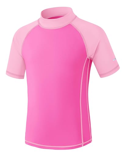 Kinder UV Shirt Kurzarm Mädchen Badeshirt UPF 50+ Sonnenschutz Schwimmshirt Rashguard mit Reflektorstreifen Schnelltrocknend Chlorresistent Rosa 9-10 Jahre