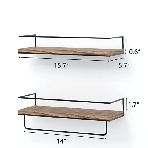 Image of Shario - Set of 2 Floating Shelves with Black Towel Bar Wall Hanging Decorative Storage Shelves for Bathroom, Kitchen, Living Room and Bedroom (Rustic Wood, Light Brown)