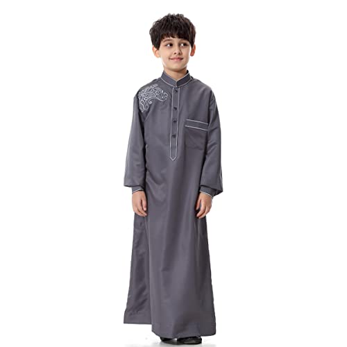 ODIZLI Arabic Thobe Muslim Thobe Long Sleeve Kaftan Crew Collar Robe with Zipper for Boy Solid Color/Embroidery/Stripe Print2