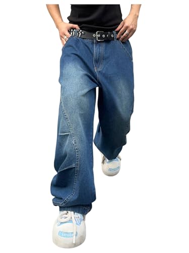 Verdusa Men's Baggy Jeans Elastic Waist Straight Leg Loose High Street Denim Pants with Pockets