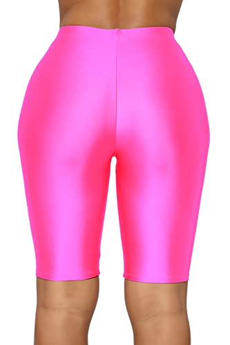 Sunfexoy Shiny Neon Pink Biker Shorts For Women,High-Waisted Bright Active Workout Yoga Pants Running Shorts Knee Length（Pink,Xl #TOP2
