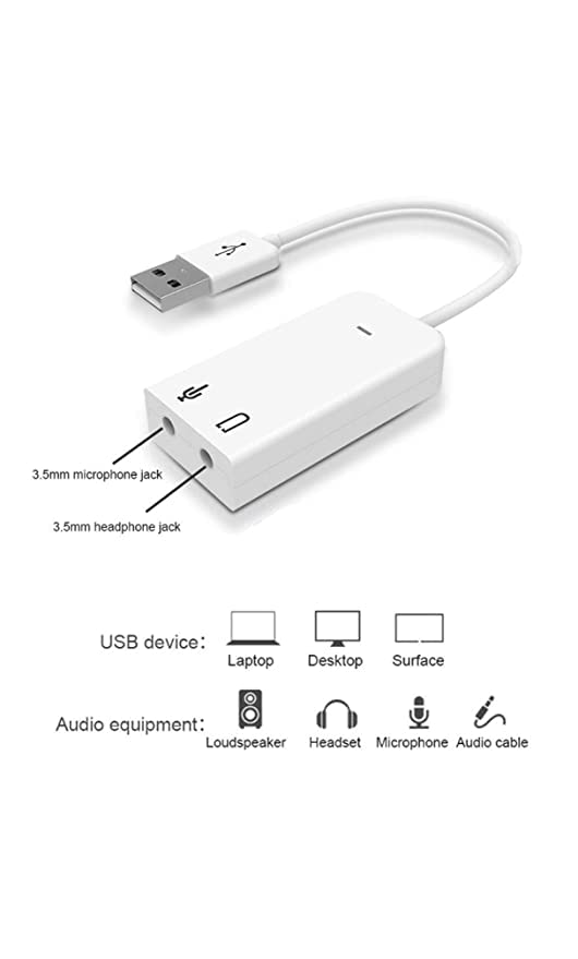 Image of USB External Sound Card 7.1 Channel for Laptop, PC | USB to 3.5mm Jack for Headphone and Microphone Stereo Experience (White)