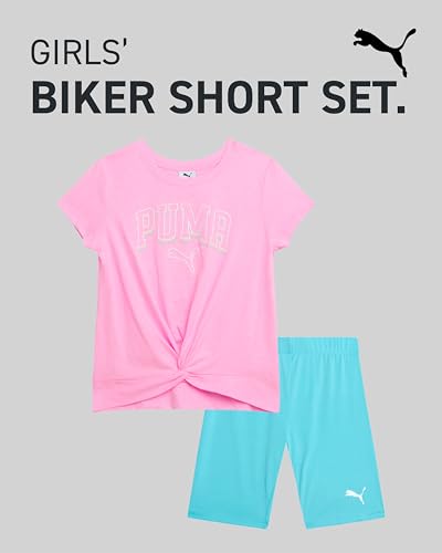 Image of PUMA Girls' Biker Short Set - 2 Piece Short Sleeve Crewneck Graphic Tee Shirt and Bike Shorts for Girls (Sizes: 7-14)