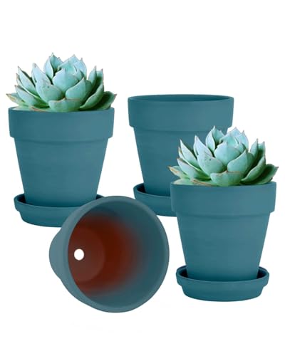 vensovo 15CM Steel Blue Terracotta & Clay Pots for Plant with Saucer - 4 Pack Medium Terra Cotta Planter with Drainage Hole, Flowerpot for Indoor Outdoor Plants, Crafts, Wedding Favor