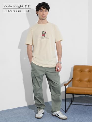 Image of The Souled Store Graphic T-Shirt: Place in Heaven Men and Boys Short Sleeves Round Neck Light Beige Graphic Printed Cotton Relaxed Fit T-Shirts