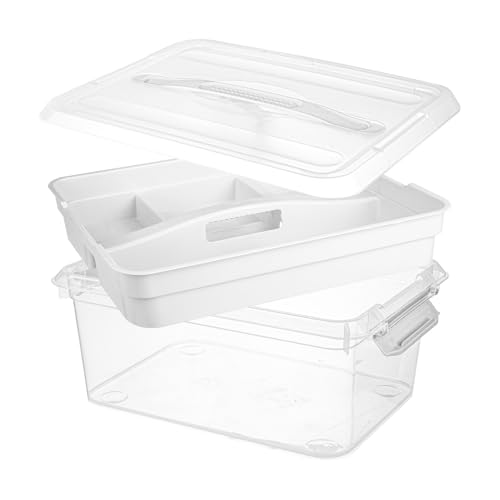 Chfeirno 20 QT Plastic Storage Box with Removable Tray, Portable Craft Organizers and Storage Bins with Lid, Clear Art Storage Container for Organizing Sewing, Crayon, Tool, Playdoh (White)