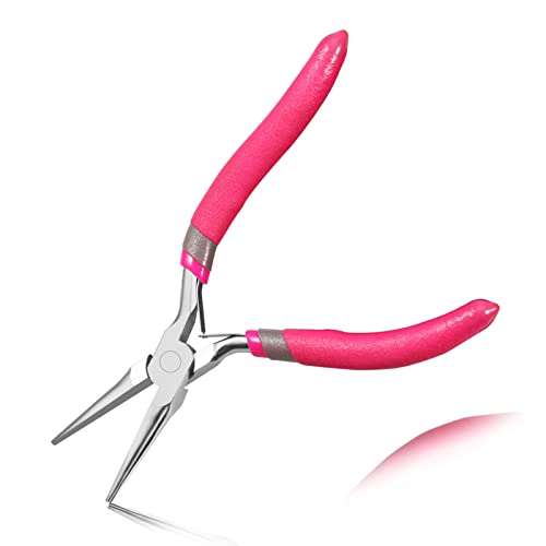 LEONTOOL Alicates de punta de aguja de 5 pulgadas para hacer joyas, alicates de punta de aguja larga con resorte de doble hoja y asas de agarre de flexión cómodas para doblar alambre, agarrar objetos