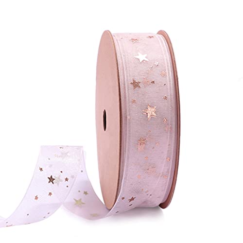 Holijolly Pink Star Sheer Ribbon - Snow Yarn Ribbon for Mother's Day, Birthday - 3/4 inch x10 Yard