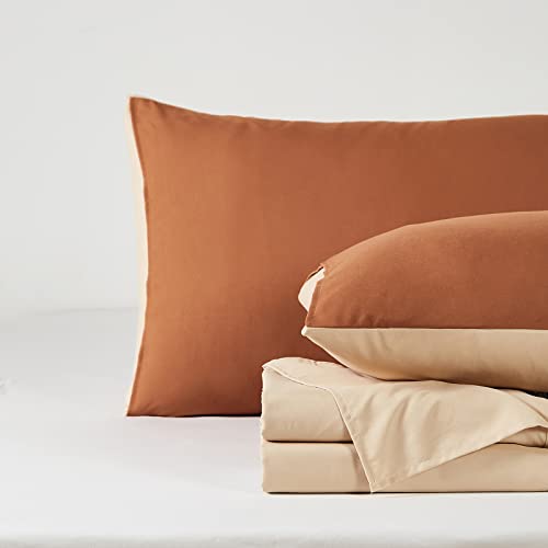 Jyhoney Burnt Orange Sheet Set King Size Caramel Pumpkin Rust Solid Beige Soft Microfiber Bed Sheets Set - 1 Orange Fitted Sheet With 16" Deep Pocket, 1 Beige Flat Sheets, 2 Reversible Pillowcases #TOP7