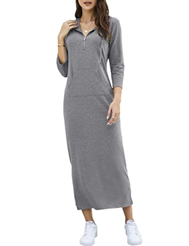 Image of MISSKY Women Casual Pocket Quarter-Zip Neck 3 /4 Sleeve Slim Split Pullover Hoodie Maxi Dress