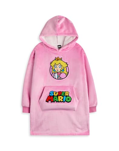 Super Mario Nintendo Girls Wearable Blanket Hoodie | Kids Pink Hooded Pullover with Princess Peach Character Graphics | Childrens Sherpa Lined Video Game Loungewear with Pockets