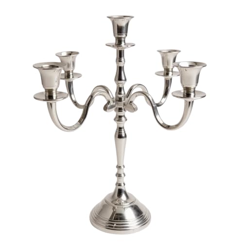 Image of Decorative Aluminum Vintage 5-Arm German Silver Candelabra Candle Holder - Elegant Metal Table Centerpiece for Home, Wedding, Party & Dining Room Decor