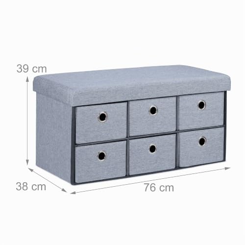 Banquette de rangement 6 tiroirs Relaxdays banc pliable gris de 76 cm de largeur