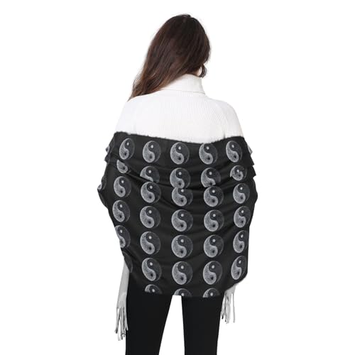 Chinese Yin Yang Pashmina Scarf for Women Soft Thin Cashmere Feel with Tassel Shawl Wraps 86×30 IN