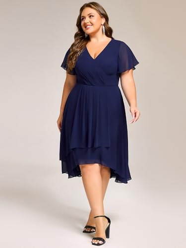 Image of Ever-Pretty Women's Summer V Neck Short Sleeves Chiffon Elastic Band Back Midi High Low Plus Size Formal Wedding Guest Dress Navy Blue US20