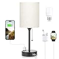 Small Bedside Lamp With 3 Color Modes - Off White 2700K 3500K 5000K Bedroom Light With USB C and A Ports, Pull Chain, AC Outlet, Black Metal Base for Kids Reading