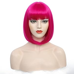SHINYSHOW Short Bob Wig with Bangs 12 Inch Straight Bob Wig Hot Pink Synthetic Hair Cosplay Daily Party Wig for Women