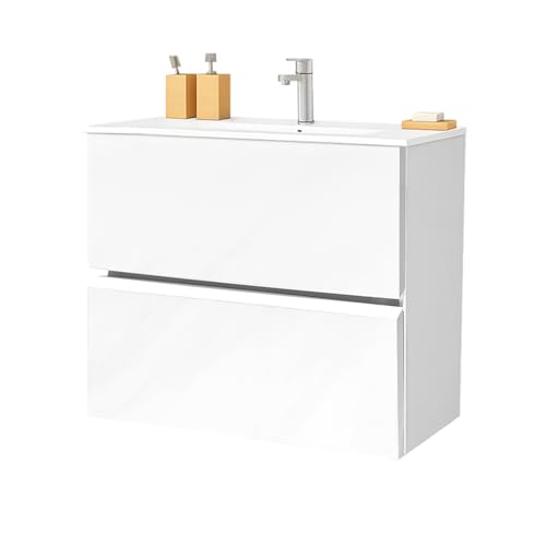 EL BAÑO MODERNO Juego Mueble Baño con Lavabo. Mueble Lavabo 80 cm. Mueble Bajo Lavabo Compacto Preinstalado de Fábrica. Mueble Baño con Lavabo 80 cm con Pie de Porcelana. No Incluye Espejo.