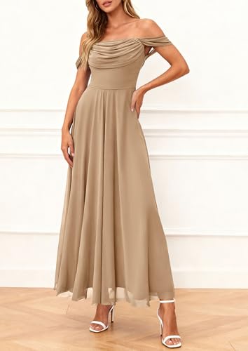 PRETTYGARDEN Womens Off Shoulder Maxi Summer Dresses 2026 Elegant Mesh Aline Swing Ruched Flowy Cocktail Wedding Guest Dress (Khaki,Medium) — view 3