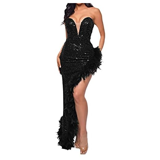 Cnebo Knee Length Summer Dresses for Women Ladies Tube Top Backless Side Slit Sexy Sequin Feather Gown Dress Black