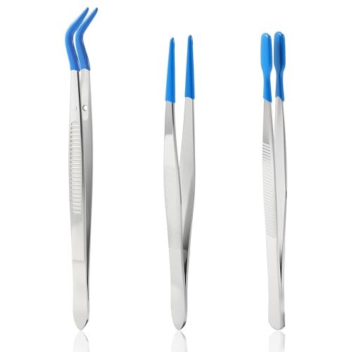 Eiodoni 3Pcs Tweezers with Rubber Tips Blue PVC Coated Rubber Tipped Tweezers Set Long Bent & Straight Flat Tip Craft Tweezers for Crafts Stamps Beads & Jewelry
