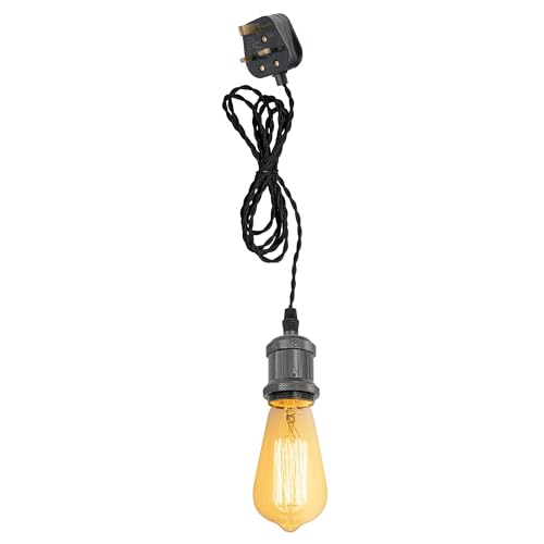 FSLiving 4.5 Meters of Black Twisted Fabric Cable Plug In Pendant Lighting Kit Pendant Light Fitting with Dimmer Switch and E27 Pearl Black Lamp Holder