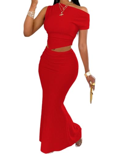 Image of BARASA Two Piece Sets For Women Summer One Shoulder Tops Bodycon Maxi Skirt Set Vacation Sexy Outfits DSA75